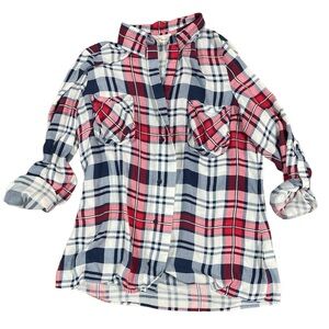 Love Tree Red White & Navy Blue Plaid 3/4 Sleeves Button Down Shirt Size Large